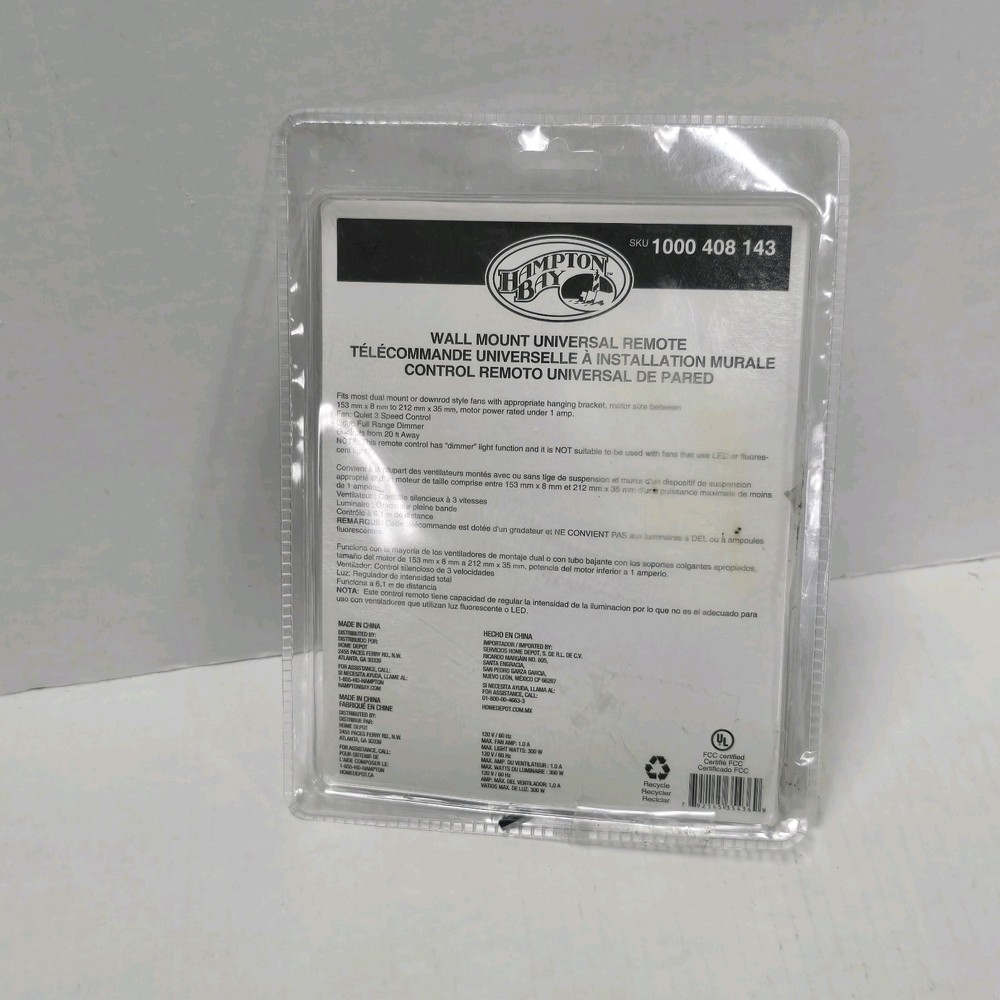 Hampton Bay 1000408143 Black White Wall Mount Universal Remote Control