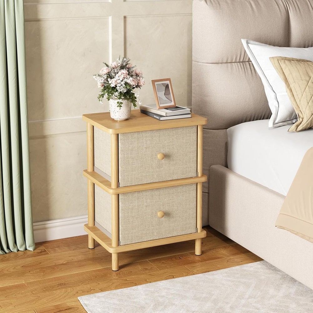 Nightstand W/ 2 Storage Drawers Boho Side Table W/ Solid Wood Legs End Table