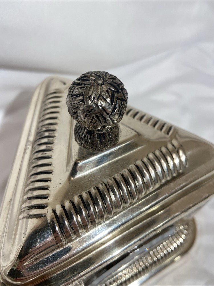 Silver Tea Tin With Quartz Clock Peacocks Palm Trees