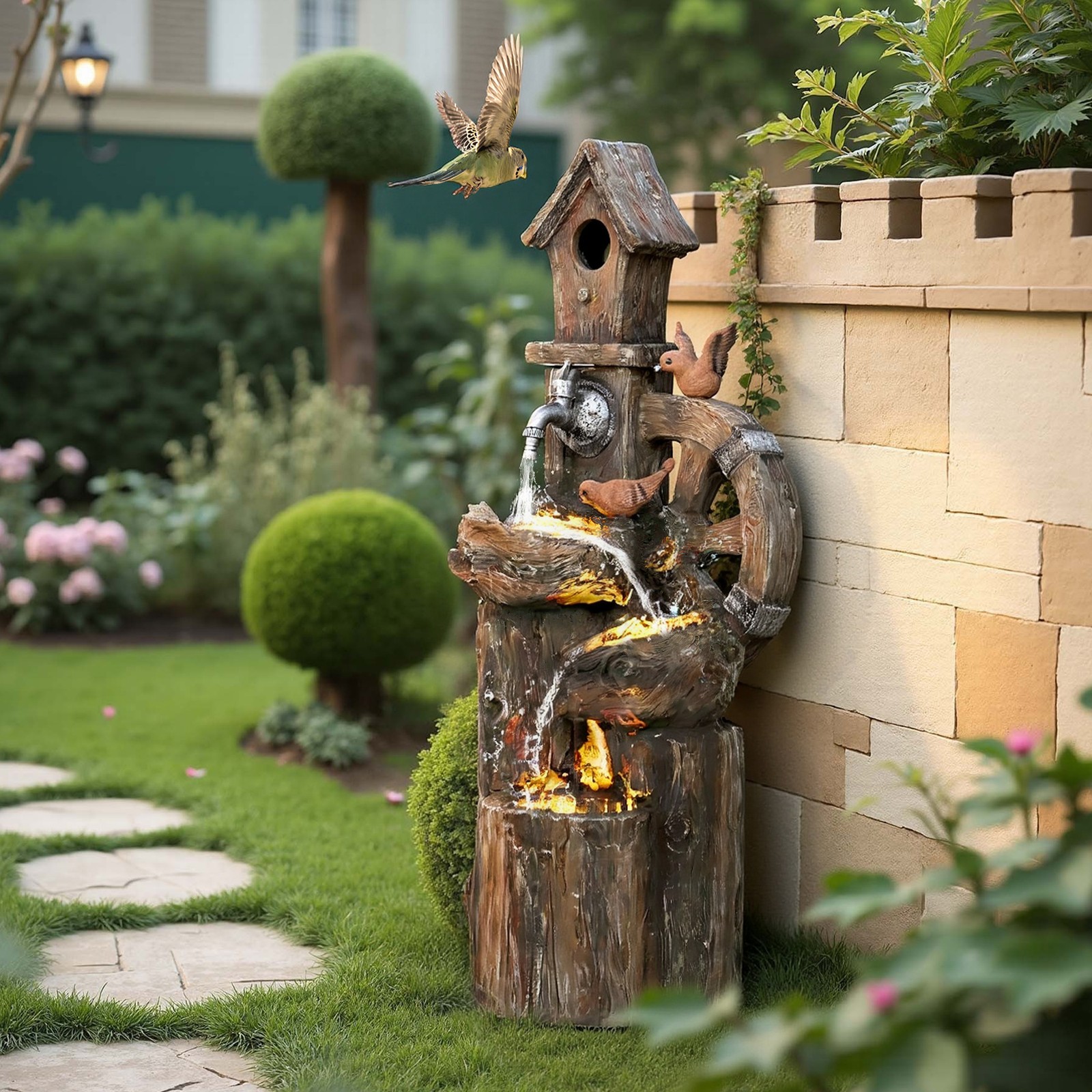 2-in-1 Outdoor Water Fountain with Birdhouse, Tree Trunk Outdoor Water Feature