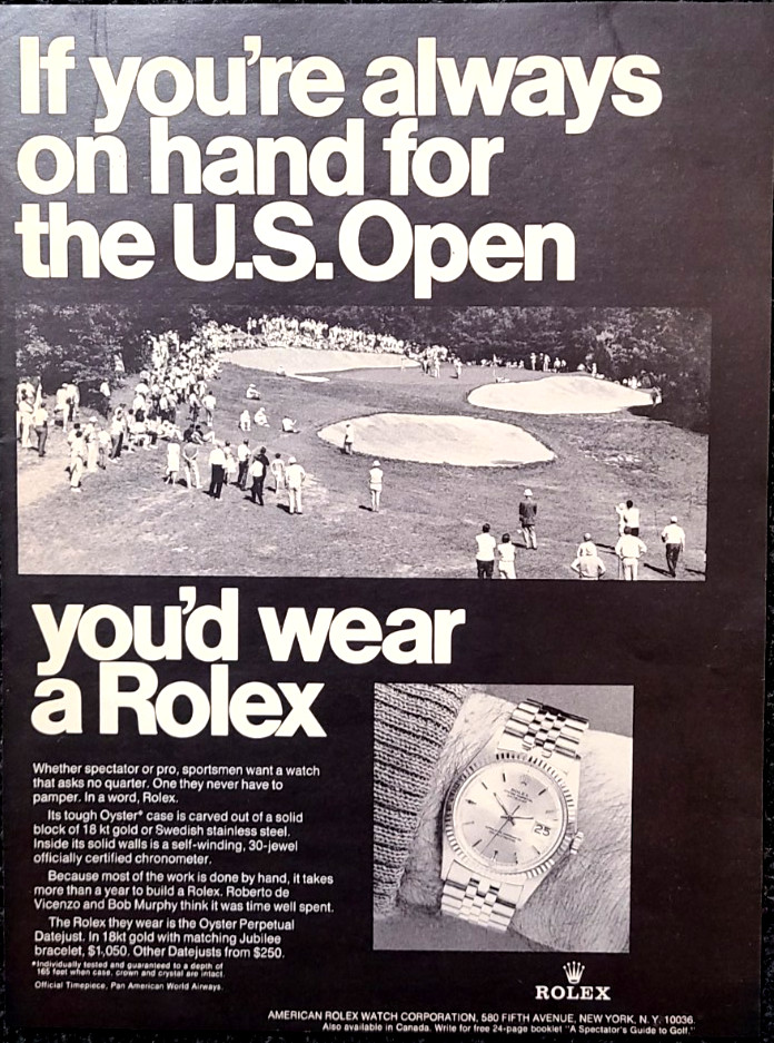 Rolex Oyster Datejust Original 1969 *Vintage Print AD* U.S. Open Wall Art