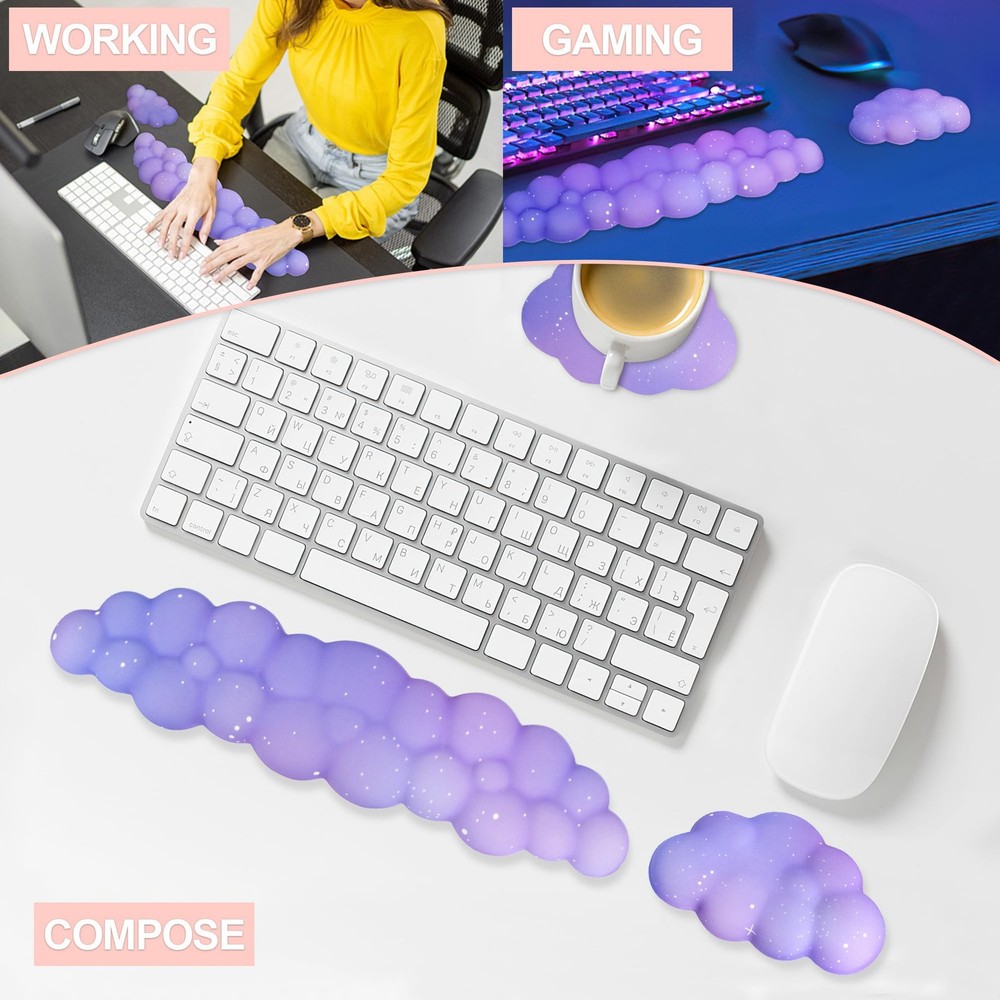 Cloud Wrist Rest Set for Keyboard and Mouse, Includes Cute Coaster, with Comp...