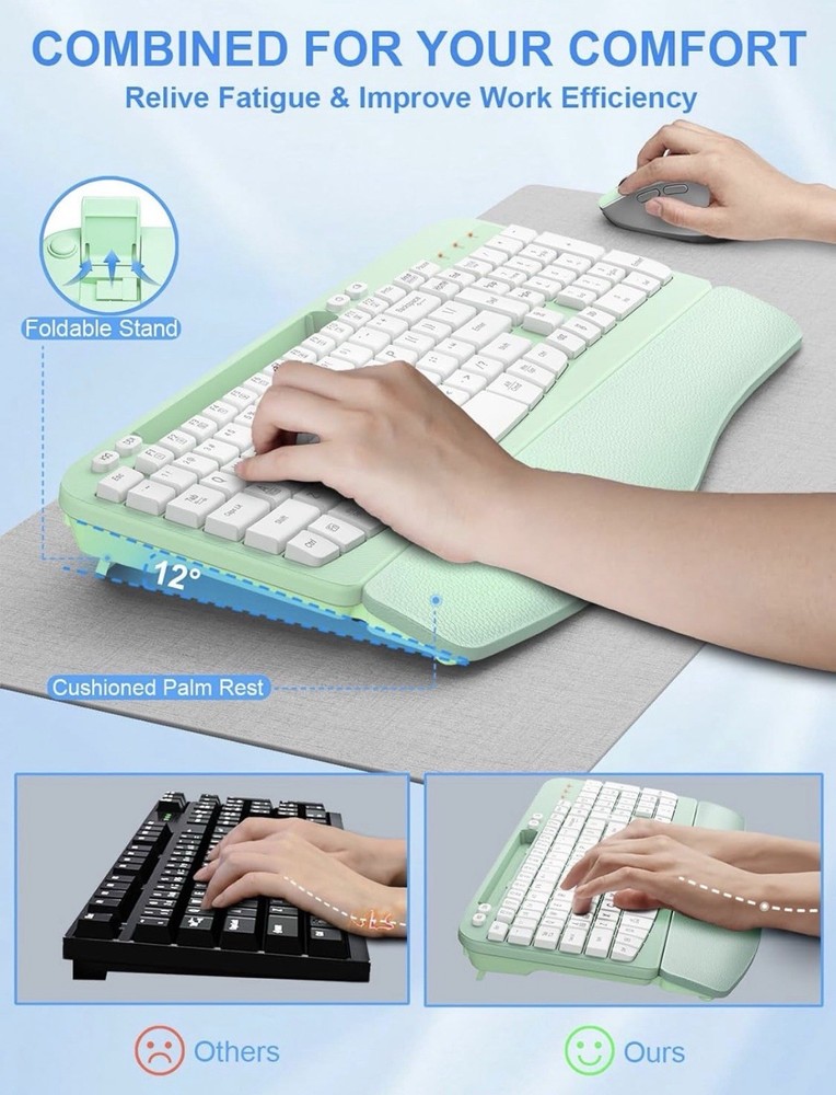 Wireless Keyboard and Mouse Combo, Wave Keys Computer Ergonomic Keyboard