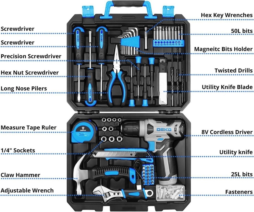 126PCS Multi-functional Cordless Drill Driver Tool Kit 8V Blue Cordless Drill US