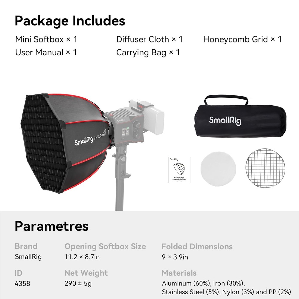 SmallRig 11.4”/29cm Mini Parabolic Softbox Quick Release, Compatible with Sma...