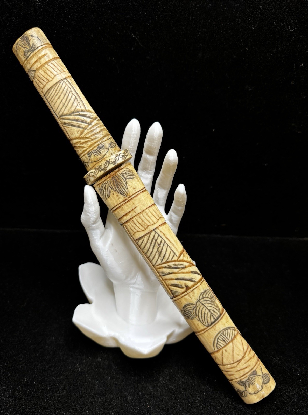 Antique Japanese Meiji Prd. Carved Tanto Dagger Sword w/ Scabbard Brass Mnt