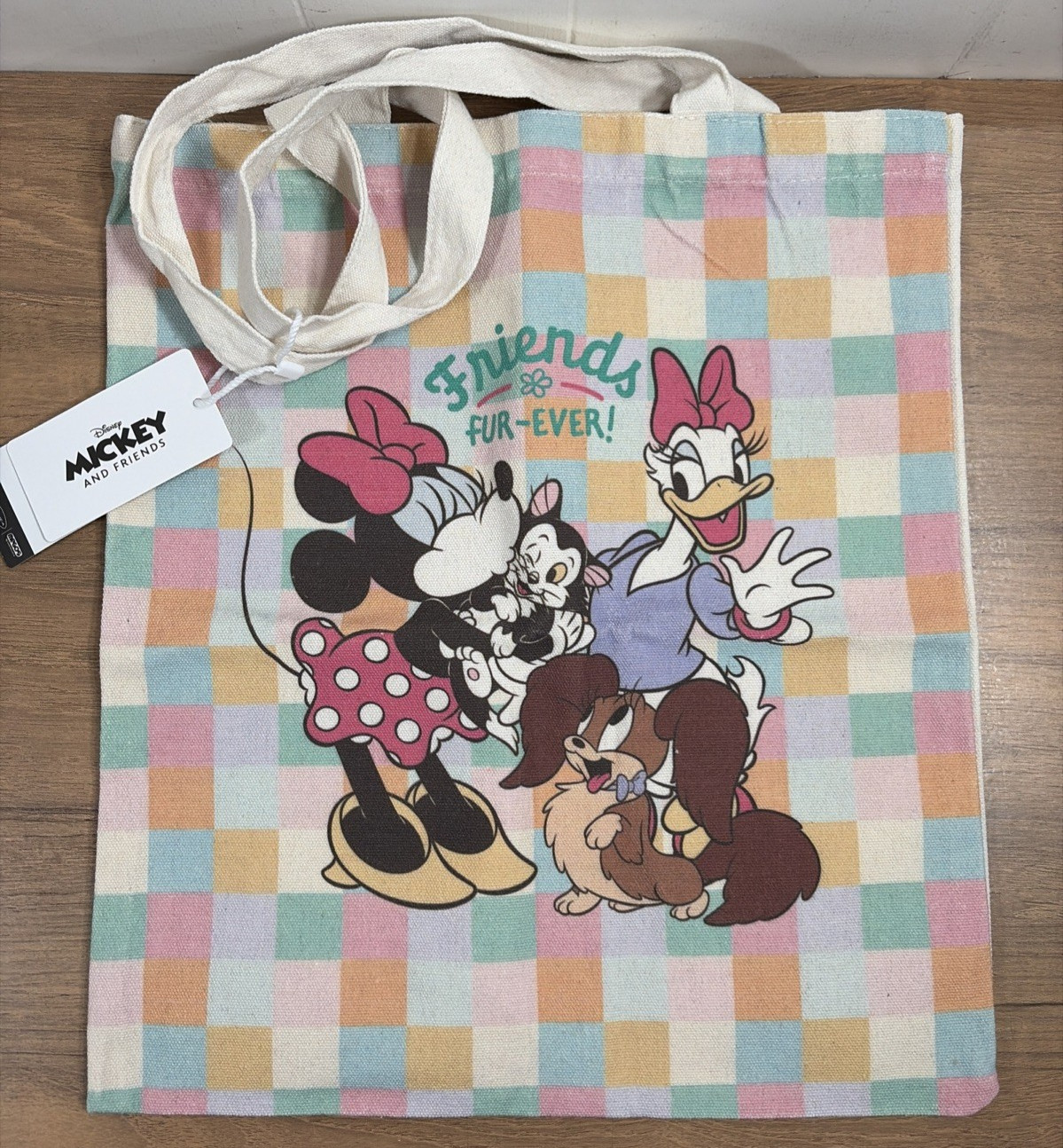 Disney Mickey and Friends Cute Picnic Canvas Tote Bag Pastel Checkered Pattern