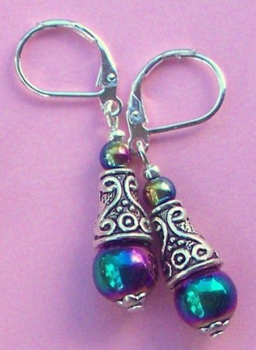 RAINBOW HEMATITE Bali cone earring SP LEVERBACK handcrafted XX