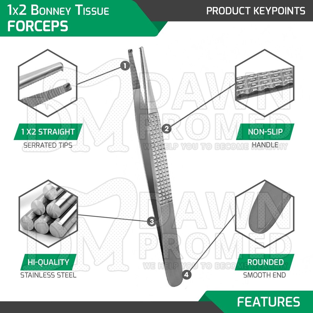 6 Pcs Bonney Tissue Forceps 1x2 Teeth Serrated Tips 7″ Surgery Instruments Set