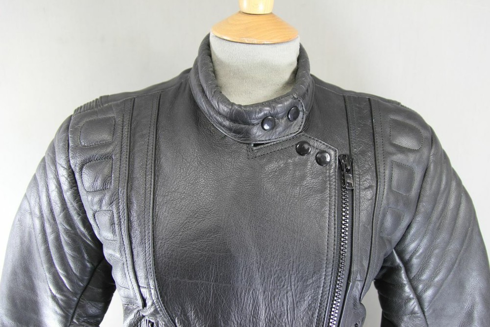 CLASSIC BLACK DYNAMIC LEATHERS COWHIDE BIKER JACKET: SIZE 12