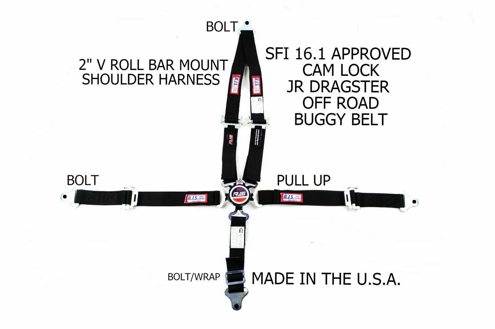 RJS SFI 16.1 5 POINT CAM LOCK JR DRAGSTER V MOUNT 2" BOLT IN BELT BLACK 1022101
