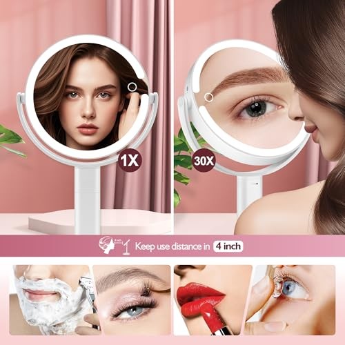 Makeup Mirror with Lights, 30X Magnifying & Height Adjustable, Lighted Withe