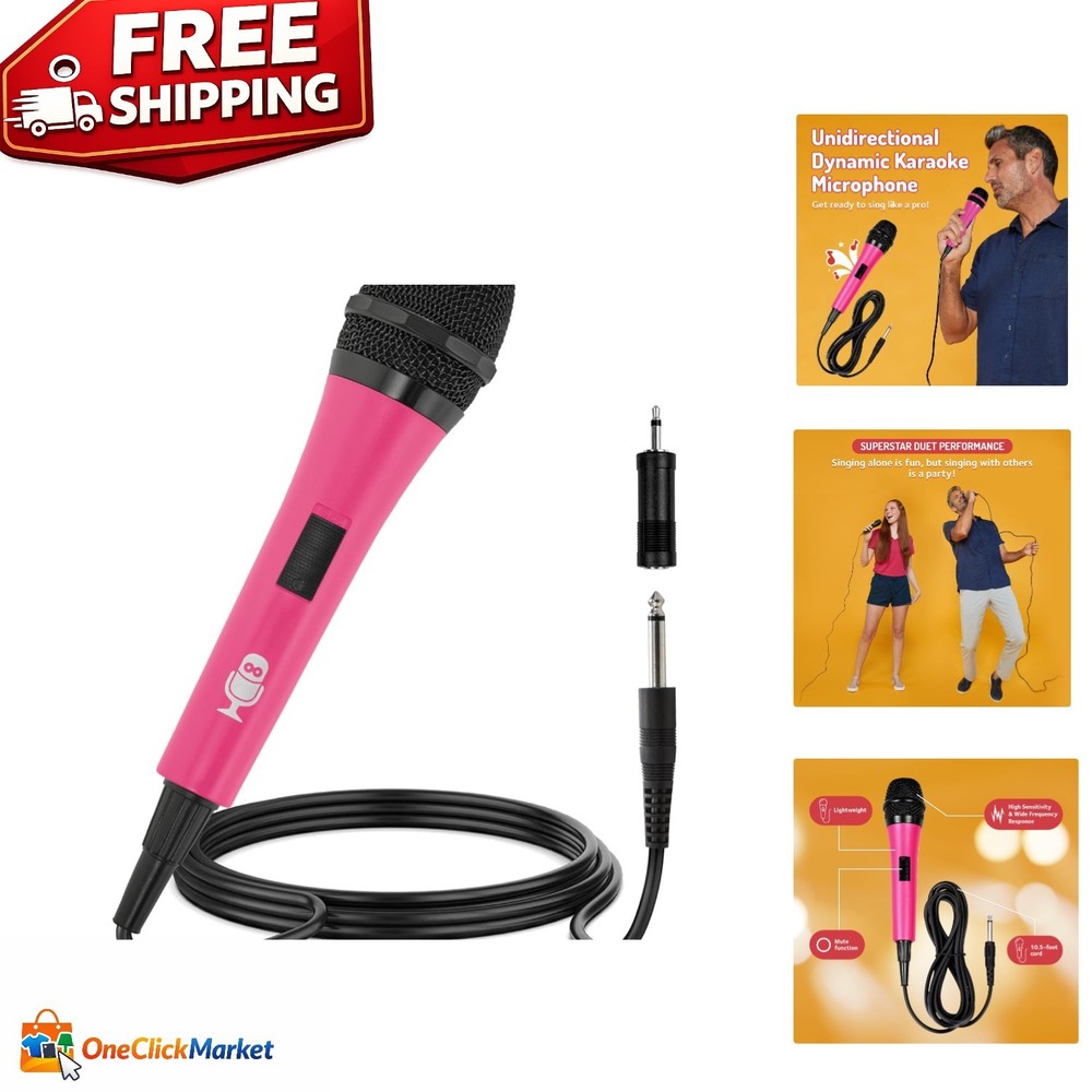 Dynamic Unidirectional Pink Microphone for Karaoke – Mute Function & 10.5ft Cord