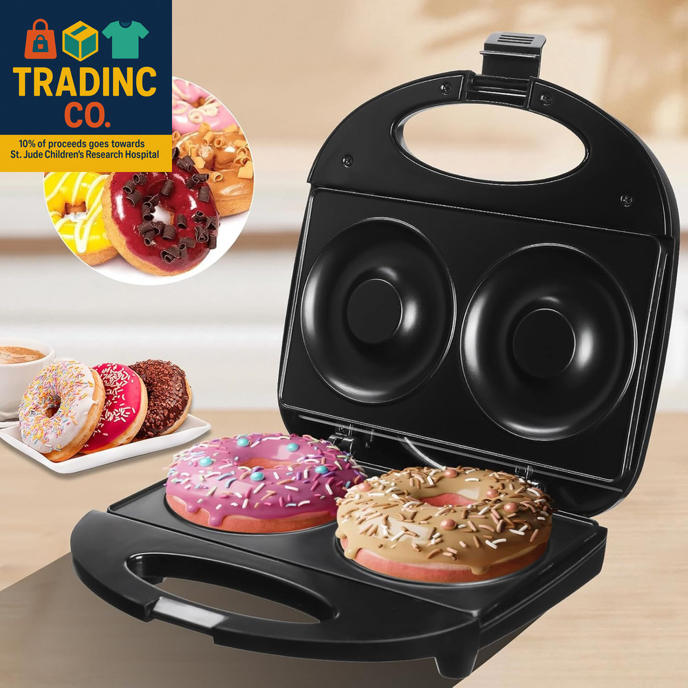 Donut Maker,Doughnut Machine,Bake 2 Donuts,Double-Sided Heating, Non-Stick Surfa