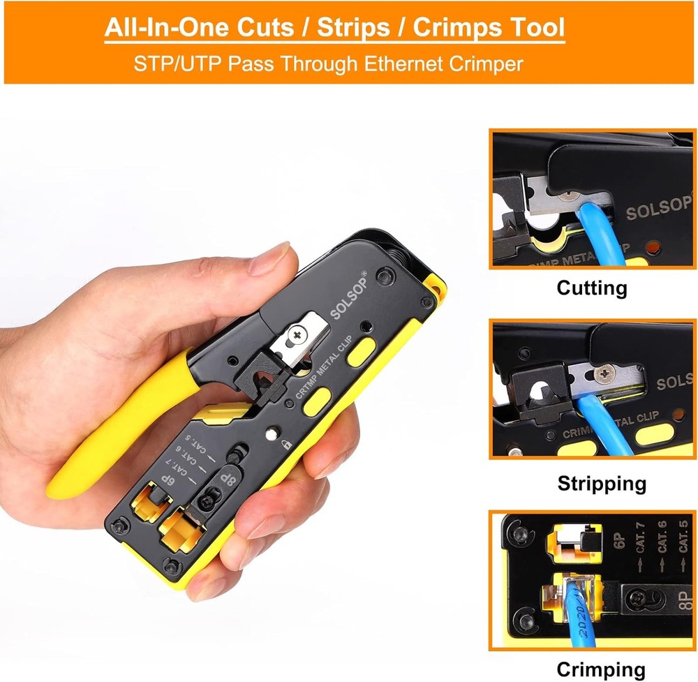 Solsop Pass Through RJ45 Crimp Tool Kit with Tester
