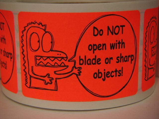 DO NOT OPEN WITH BLADE OR SHARP OBJECTS 2x3 Sticker Label fluorescent red 250/rl