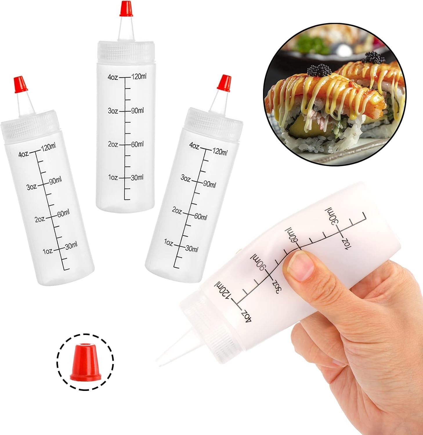 22-Pack 4oz Squeeze Bottles – Plastic Condiment Squirt Bottles w/ Red Tip Caps