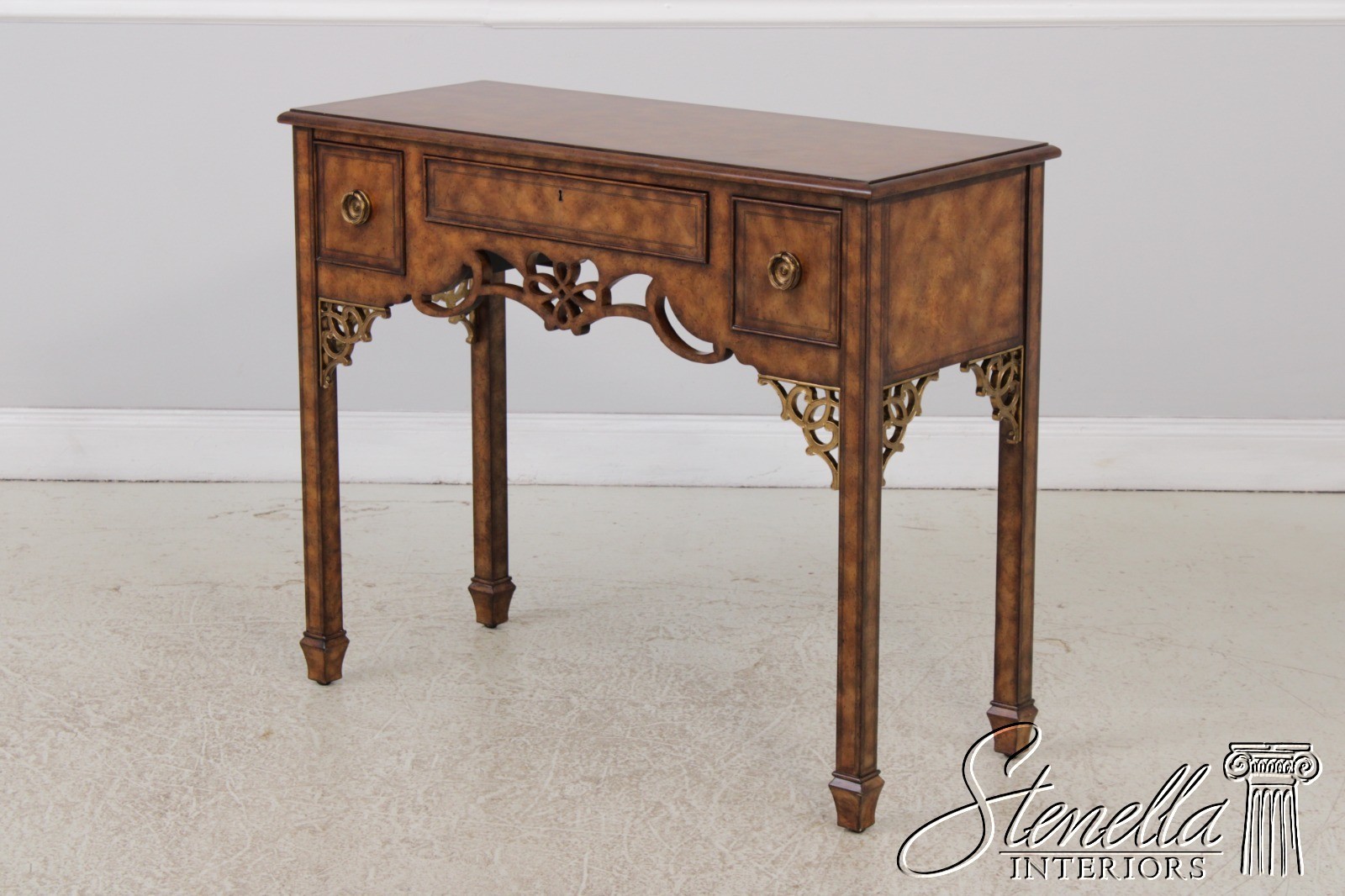 72329: MAITLAND SMITH Burl Wood 3 Drawer Writing Desk Console