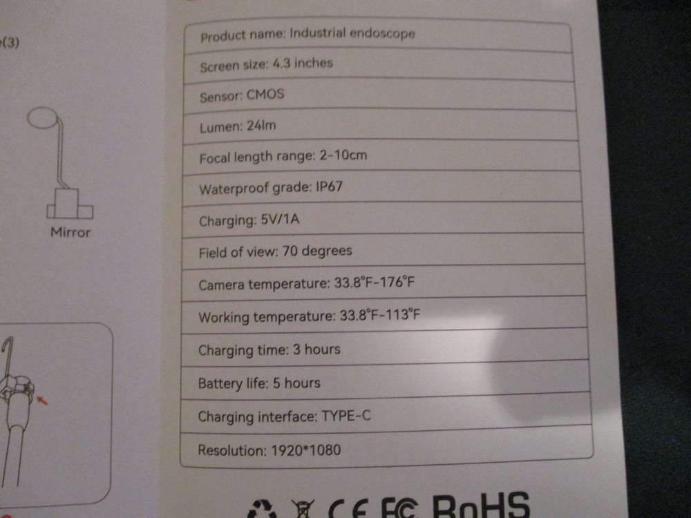 Industrial Endoscope 1080P Camera with Light, 4.3 inch screen