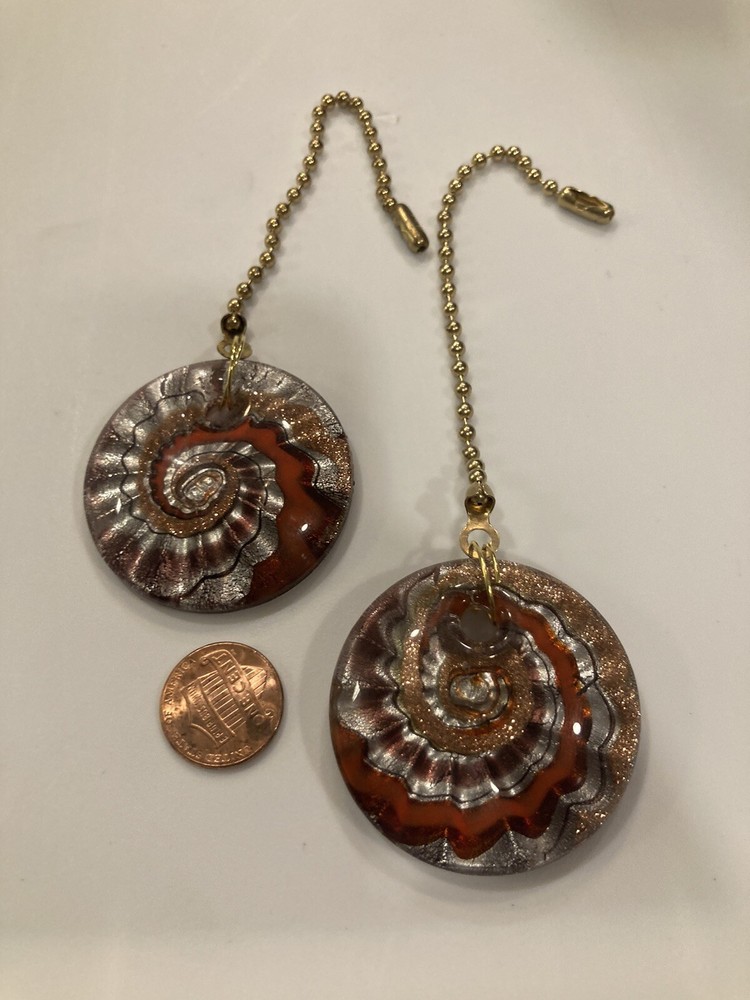 ORANGE SILVER ART GLASS CEILING FAN SWITCH PULL GLITTER VORTEX SWIRL LARGE PAIR