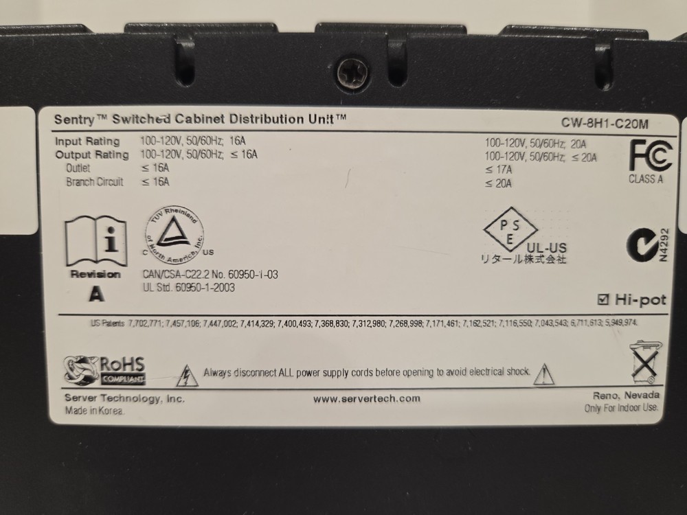 Server Technology Switched Cabinet Power Distribution Unit - Sentry CW-8H1-C20M