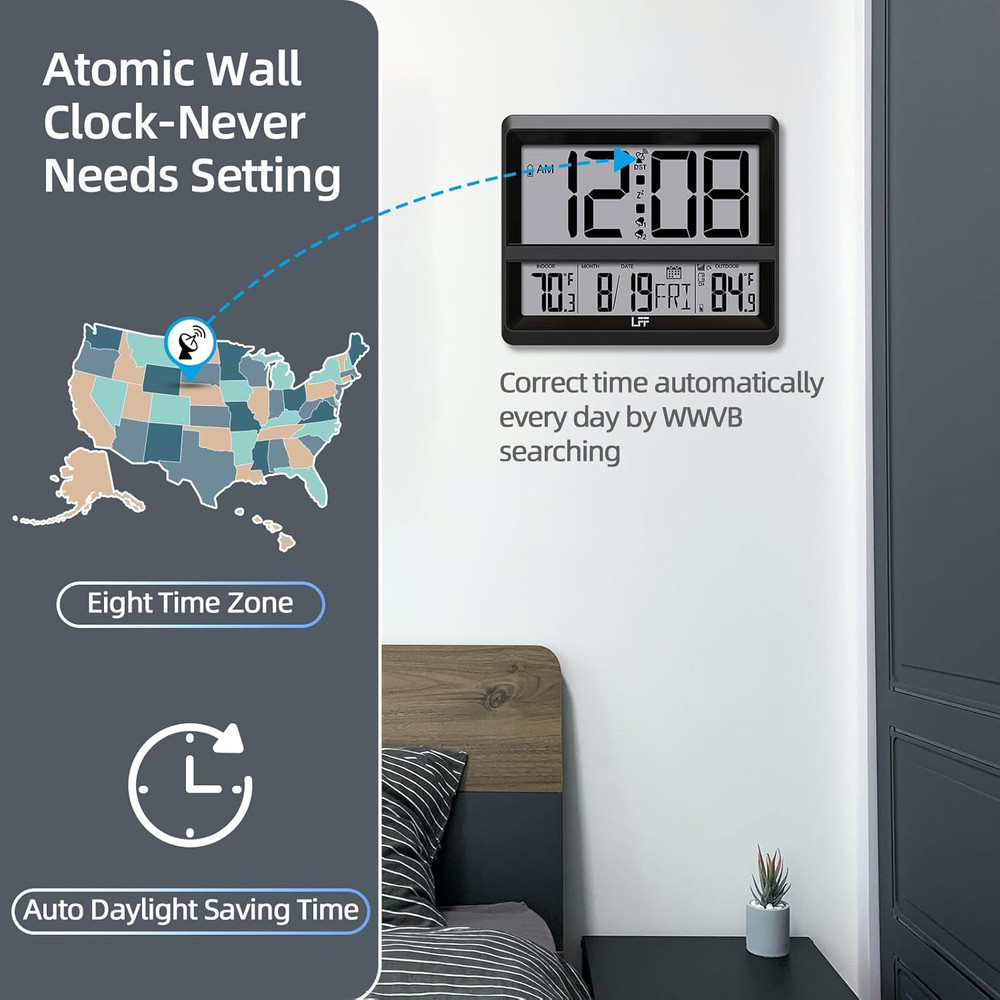 Atomic Clock Large Display, Digital Wall Clock with Indoor Outdoor Temperature a