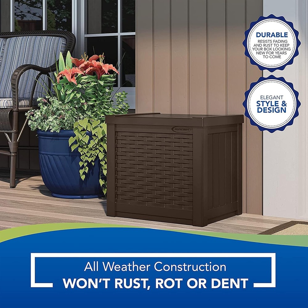 Small Outdoor Storage Box 22 Gallon Java Resin Outdoor Deck Box Flat-Lid Bench
