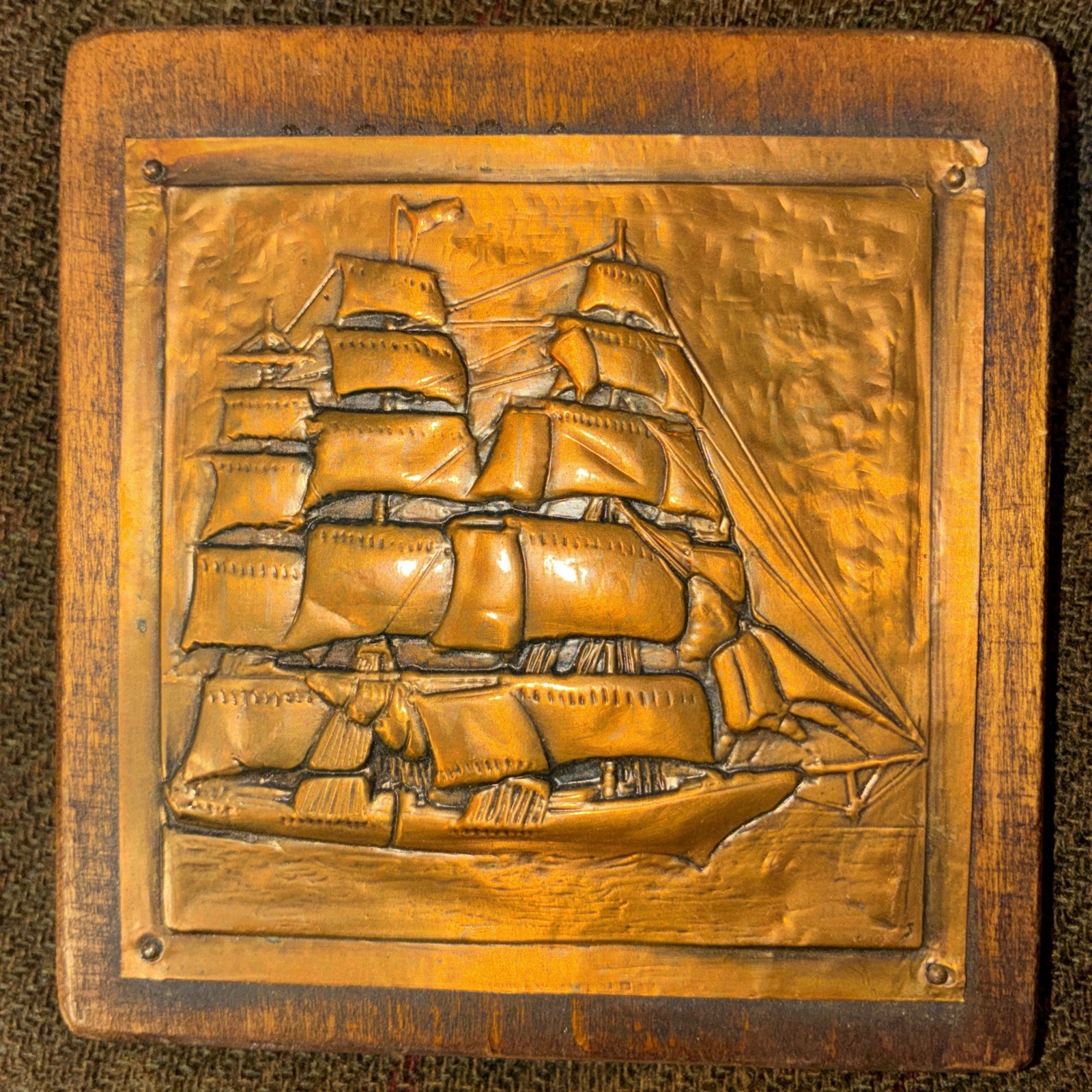 Vintage Copper Metal Embossed  Sailing Ship On Wooden Plaque 3D 4.75” Square