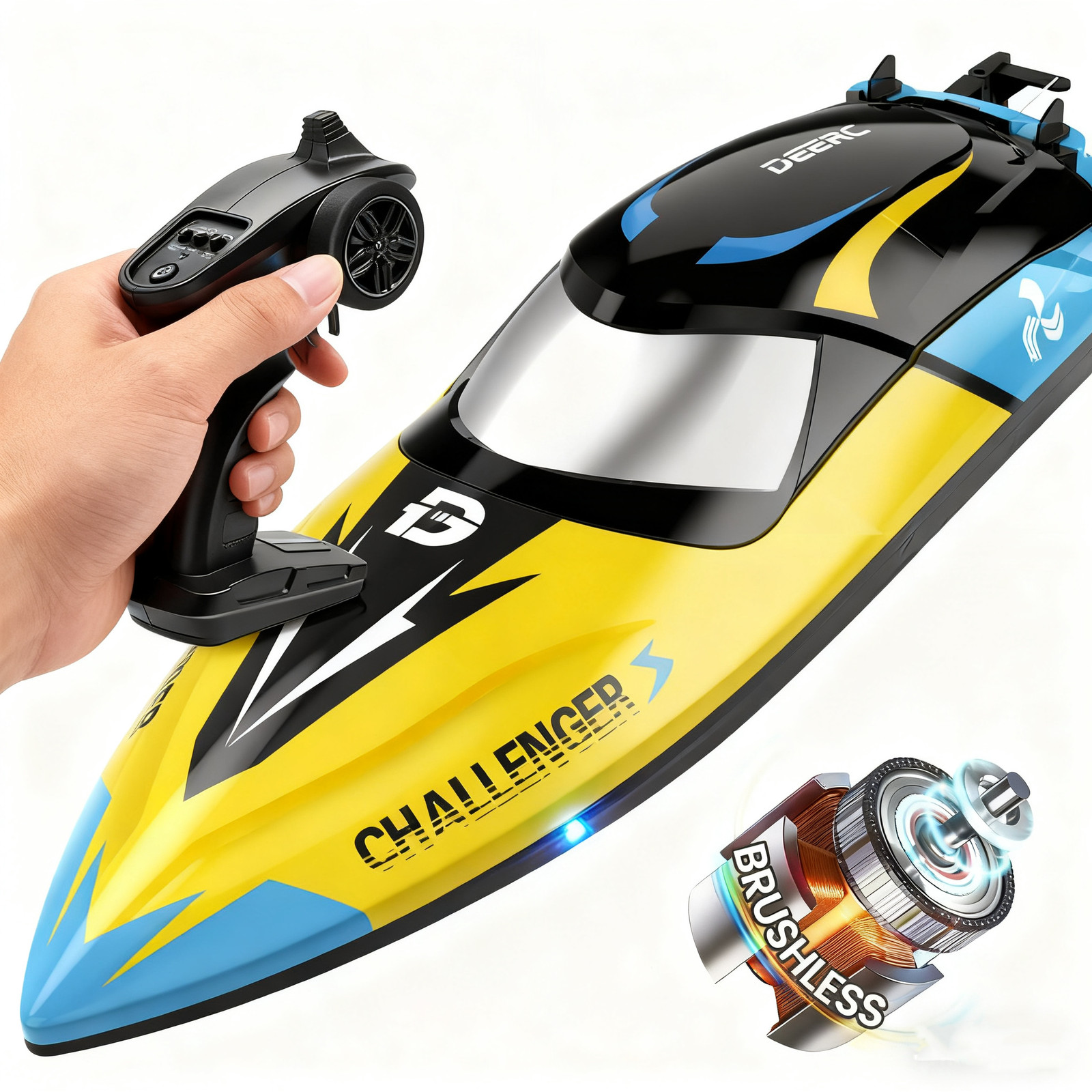 DEERC 2.4GHz RC Boat with LED Lights and Anti Capsize Design