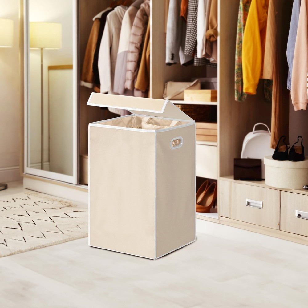 Foldable Laundry Hamper Basket with Lid, Beige