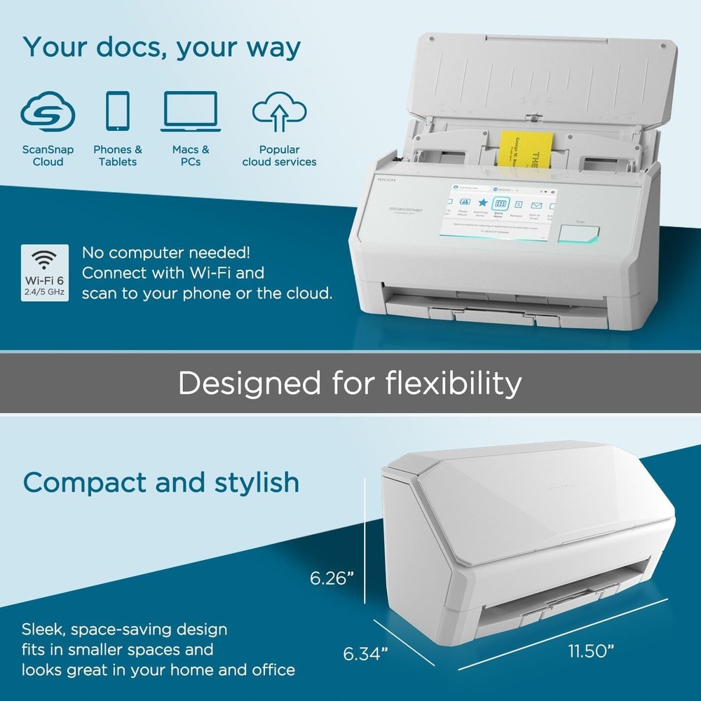 iX2500 Wireless or USB High-Speed Cloud Enabled Document, Photo & Receipt Scanne