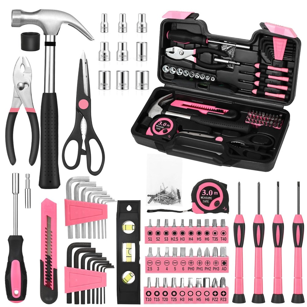 144-Piece Pink Tool Kit Basic Home Repair Set General 144-Piece,