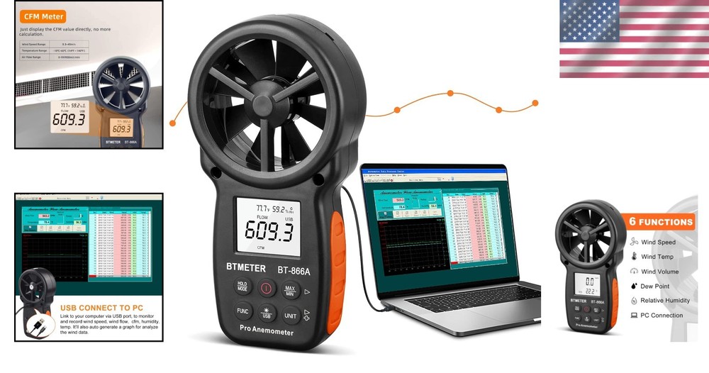 Pro Handheld HVAC Anemometer CFM Air Flow Wind Speed Meter USB Data Logging