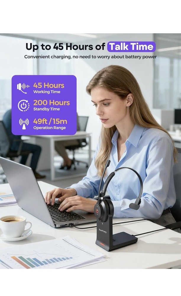 Wireless Headset with Mic for Work, Bluetooth Headphones with Microphone, Comput