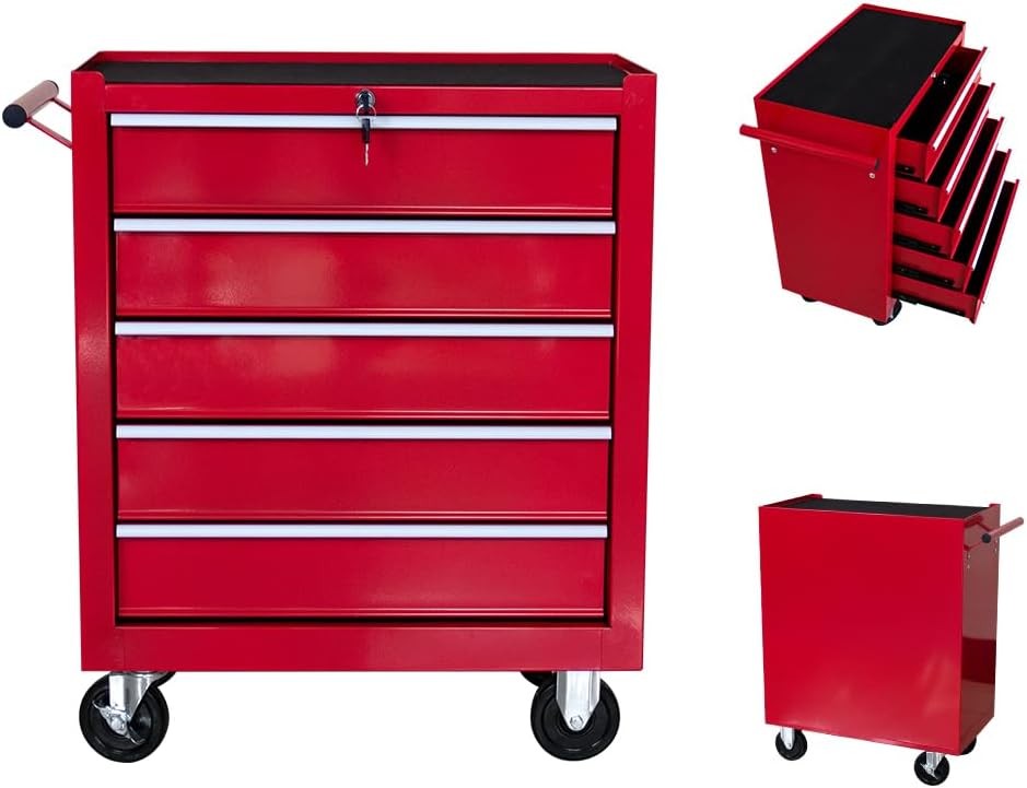 5 Drawer Tool Chest Wheels Rolling Garage Tool Storage Cabinet System Lockable
