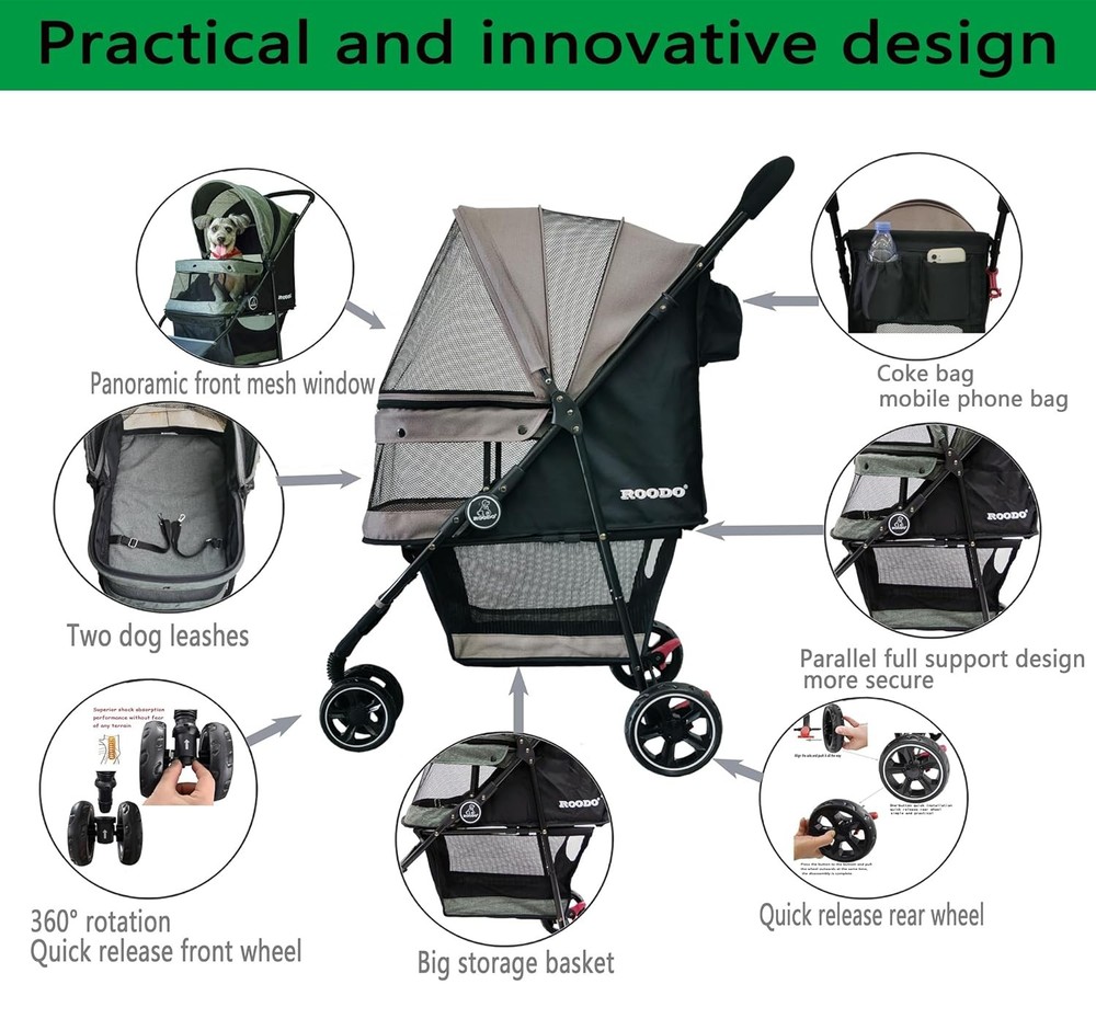 Three-wheeled pet stroller, suitable for small/medium-sized dogs and cats.