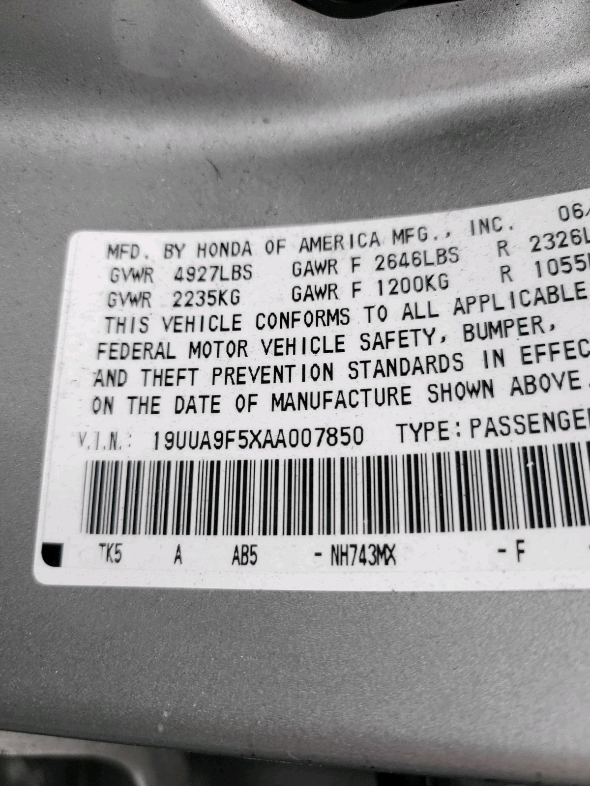 09 - 14 ACURA TL PASSENGER EXTERIOR DOOR MIRROR NH743M PALLADIUM METALLIC SILVER