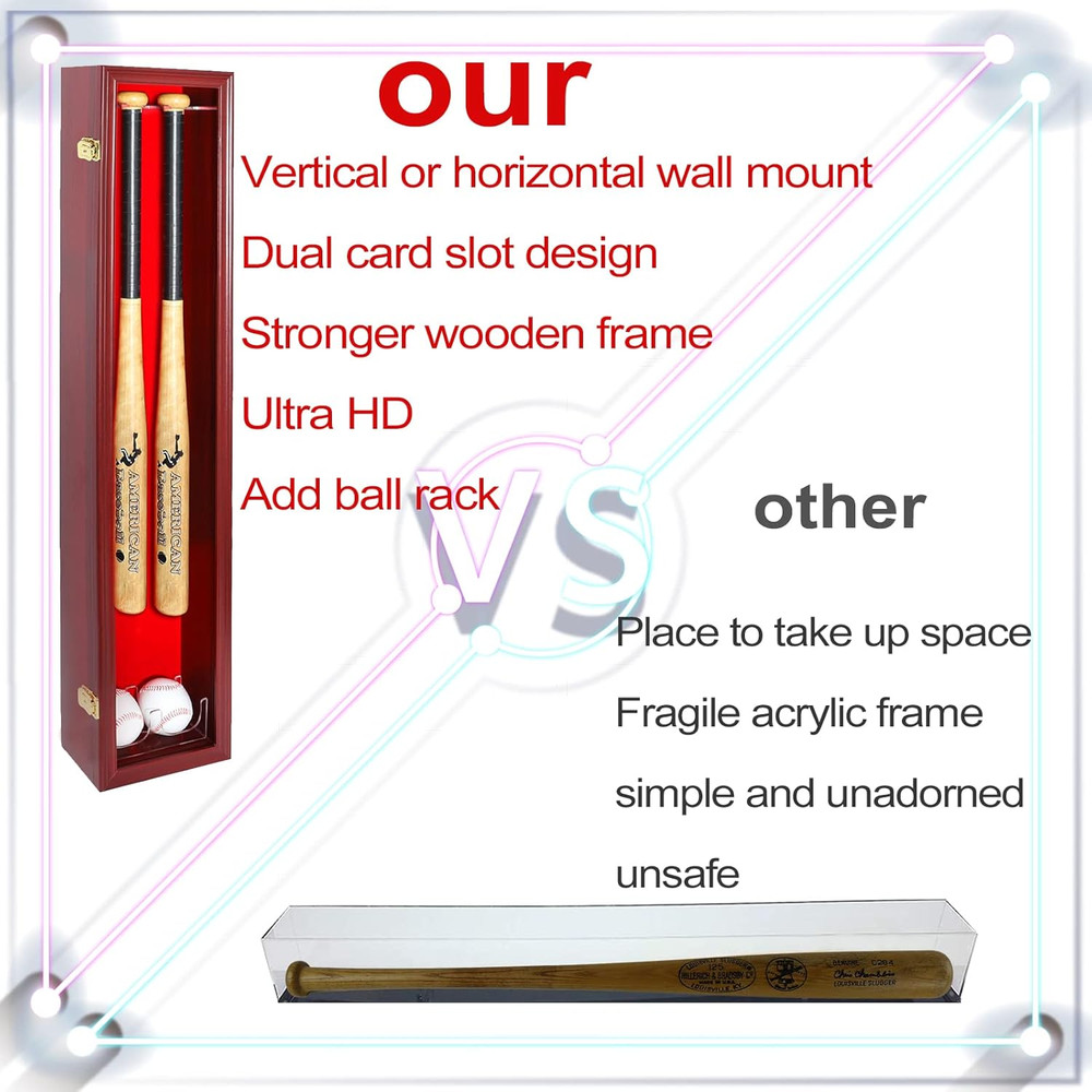 2 Baseball Bat Display Case Wall Mount - Vertical/Horizontal Cherry Wood Frame W