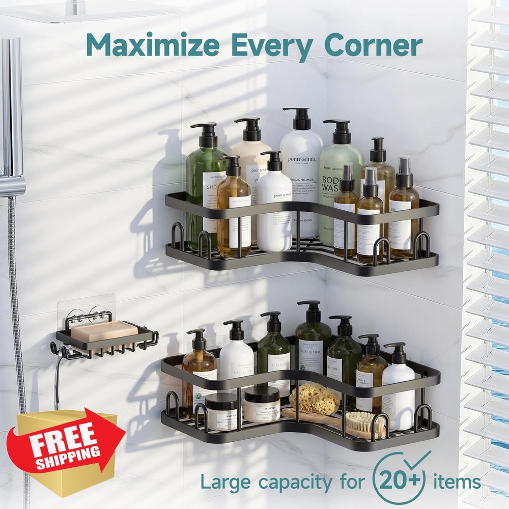 Veken 3-Pack Black Adhesive Shower Caddy Corner No Drill Rustproof