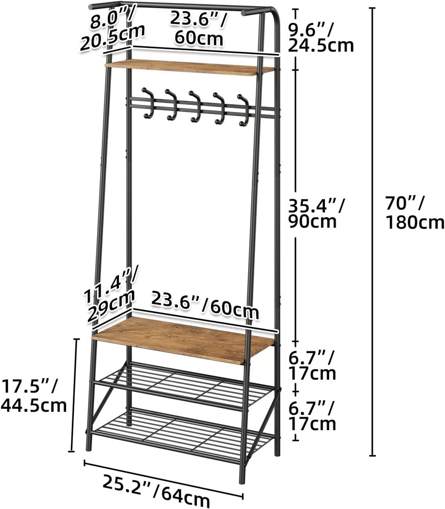 Coat Rack Shoe Bench with 5 Hooks, Hall Trees Entryway Bench with Storage, Multi