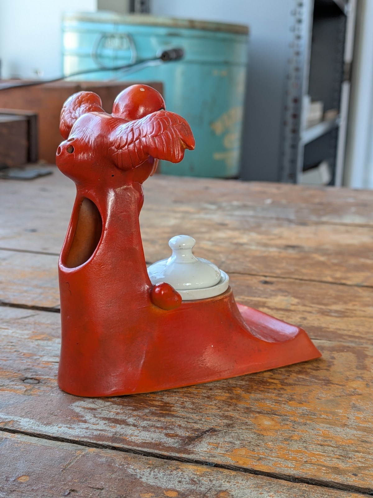 ***RARE*** Schafer Vater Vintage Halloween Red Crow w/Large Bone Ink Well Stand