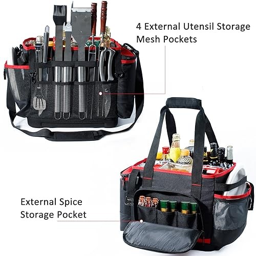 Large BBQ Organizer with Molded Hard Base, Compatible with Blackstone Black-Red