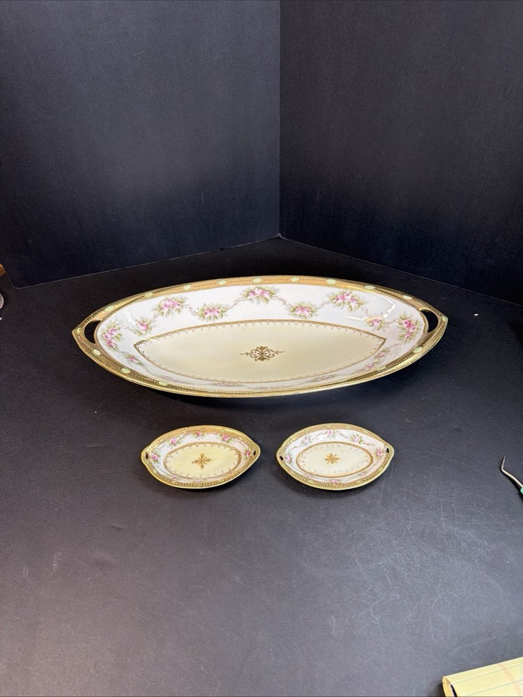 Antique Hand Painted Nippon Celery dish, open Salt Cellars Morimura