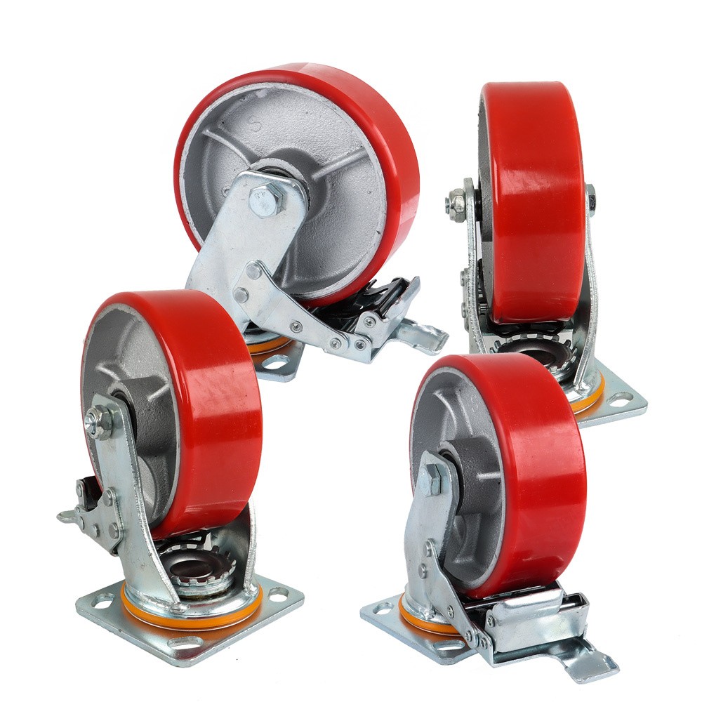 4 Pack 6 Inch Swivel Plate Total Lock Brake Heavy Duty Red Caster Wheels