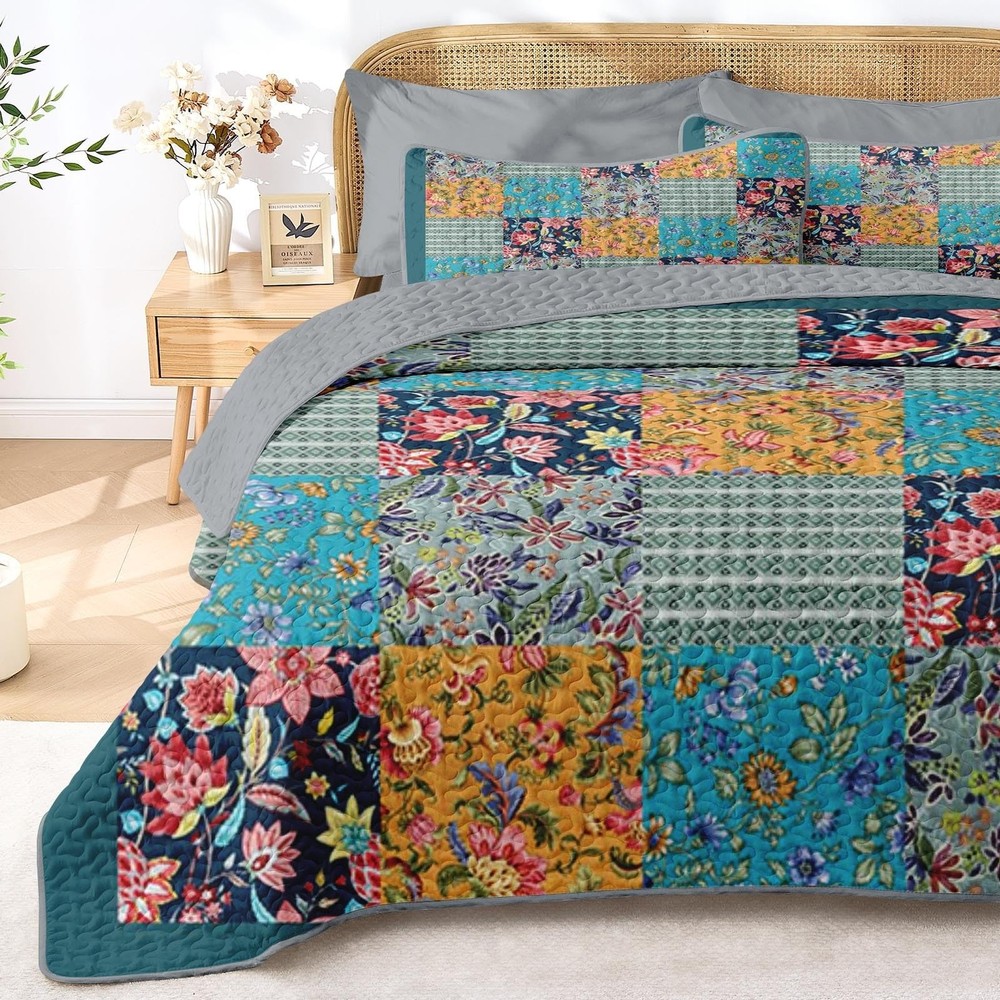 Patchwork Quilt Set Queen Size, Rustic Flowers 3 Pcs Soft Bed Cover Bedding S...