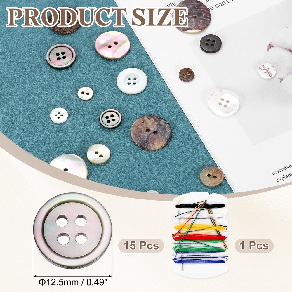 15Pcs 4 Hole 12.5mm Natural Shell Button with Sewing Thread Kit, Black