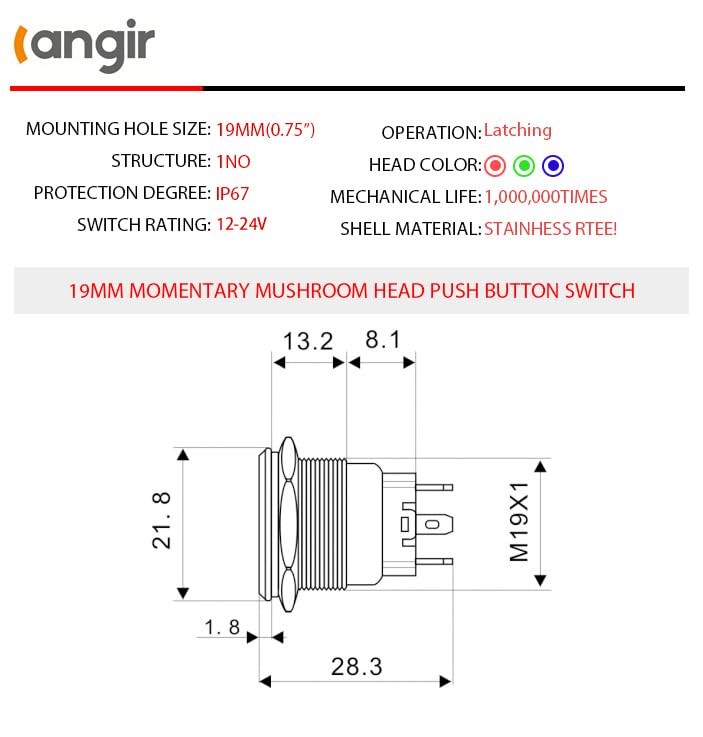15Amp Push Button Switch，(0.75") 12V-24V Latching Push Button Switch 19mm Red