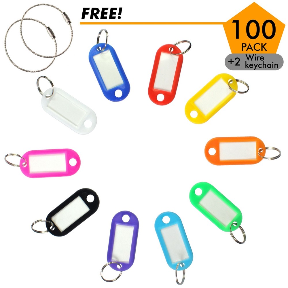 100pack Tough Plastic Key Tags with Split Ring Label Window, Coded ID Tags