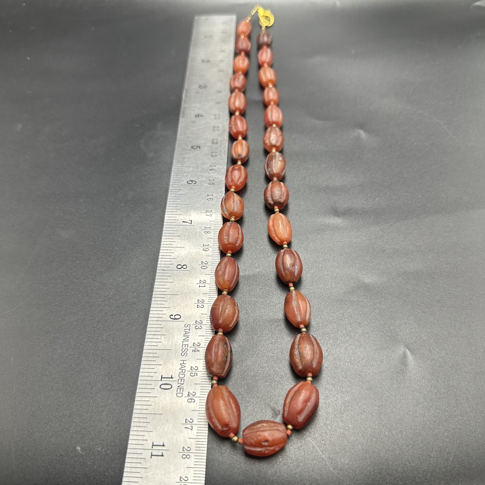 Vintage Himalayan Tibetan Carnelian Carved Agate Oval Shape Beads Necklace Mala