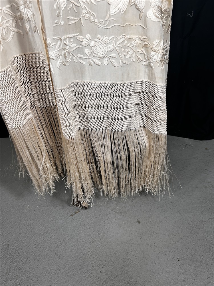 antique silk shawl embroidered white large 26x90 fringe 16 in. original 1800